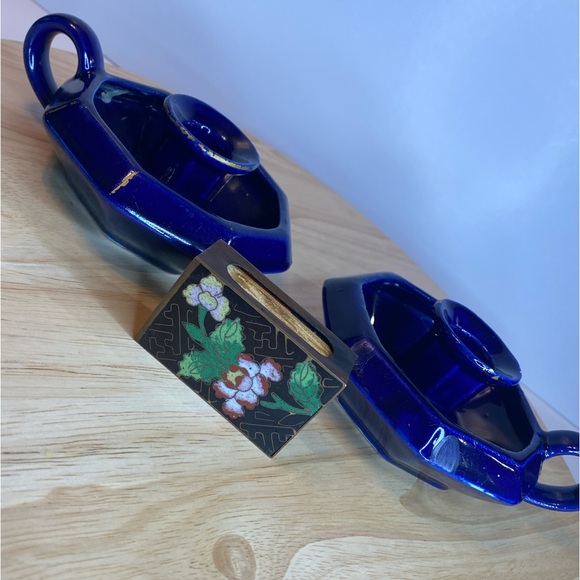 Vintage Brass Cloisonné Match Holder & Candle Holders Colbolt Blue Taper Candle - Picture 3 of 14